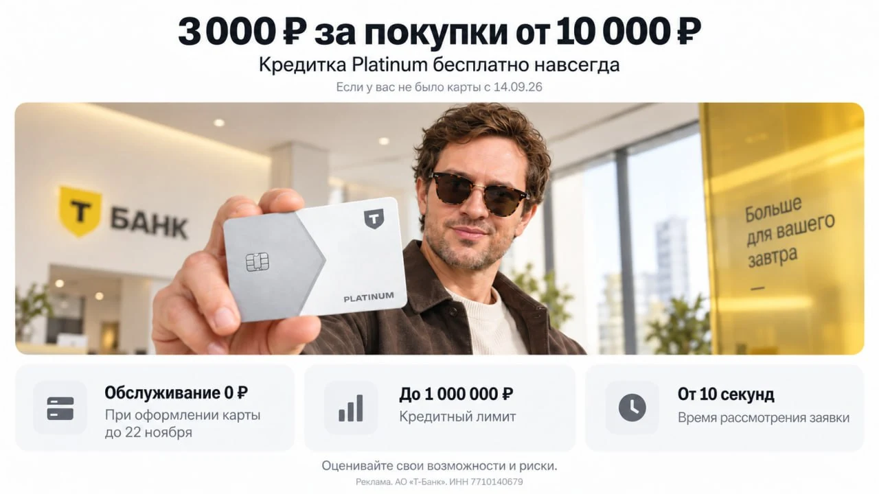 🏦 Т-Банк: 3000₽ за кредитку Platinum с вечным бесплатным обслуживанием